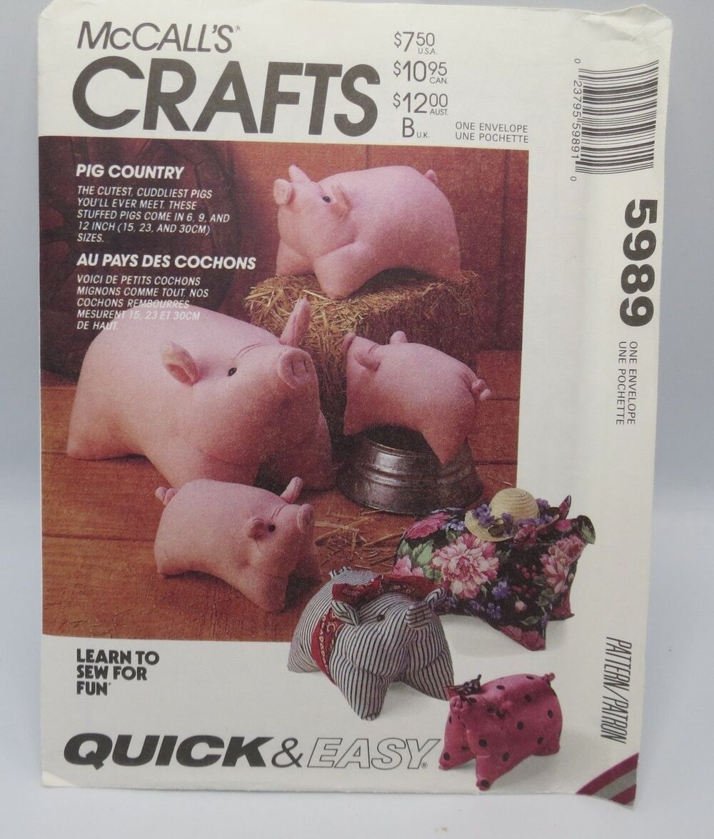 McCall's 5989 Stuffed Pig Dolls Craft 6" 9" 12" Long Vintage Quick Easy